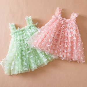 Klänningar 2024 Ny sommarflickor Dress 3D Butterfly Tulle Tutu Princess Dress Birthday Party Strap Dress for 15y Toddler Kids Clothes