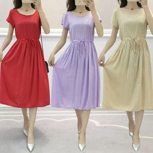 Festklänningar sommar elegant klänning för kvinnor bomull silk avslappnad strand sundress kort ärm röd veckad midi mode o nacke tunika kjol