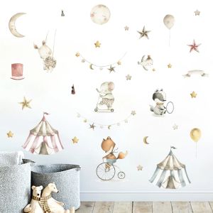 Klistermärken Cartoon Cute Circus Animals Star Moon Watercolor Vinyl Wall Sticker borttagbara dekaler Kids Nursery Baby Girls Room Home Decor