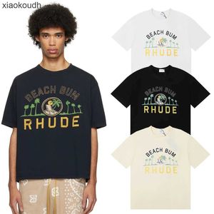 Rhude High End Designer kläder för kortärmad high street mode Summer Mens and Womens 24 New Coconut Tree Print Tshirt Loose Cotton Par Letter med 1: 1 Taggar