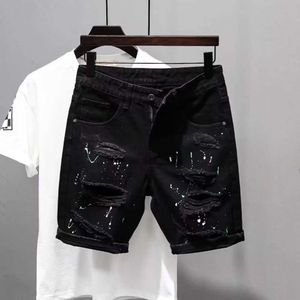 Mäns jeans sommar lyx Kpop herrar y2k street wear tår jeans trend dot bläck designer orolig pojkvän svart denim shortsl2405