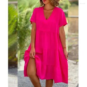 Festklänningar bekväma och avslappnade bomullslinne 2024 Summer Women's Fresh Sweet V-Neck Solid Color Large Swing Dresss-5xl