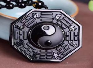 100 Black Obsidian Stone Pinging esculpido Yinyang Gossip Oito Diagrama Pingente Pingente Colar Presente para Men Jóia Cadeia Y1896820836