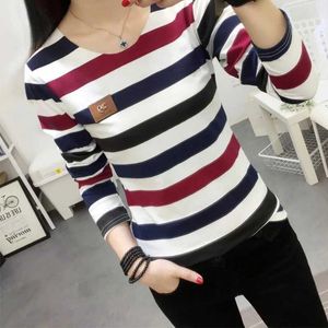 Women's T-Shirt Korean Autumn Womens T-shirt Fashion Long sleeved Colorful Striped Womens Kawaii Student Casual TopL2405