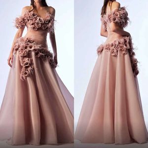 Sukienki 3D-Floral Prom Appliques Plat-Plat Designer A-Line Off ramion organza bez pleców zamek błyskawiczny