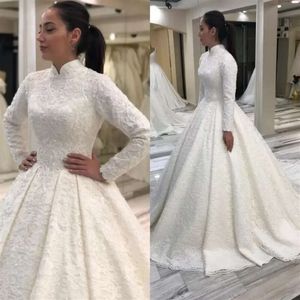 الرقبة زفاف رائع إسلامي ثياب زفاف عالية الفساتين مع الأكمام الطويلة الترتر الدانتيل الدانتيل القطار مخصص مصنوع بالإضافة إلى الحجم فيديدو دي نوفيا