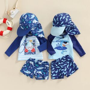 Badkläder 20220329 LIORITIIN 04 år Toddler Kid Boy Swimsuit, tecknad randig Shark Print Summer Beach Long Sleeve Tops Shorts Hat