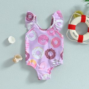 Mayo Bebek Kız Mayo Bodysuits Sırtsız Sinek Kollu Yaz Günlük Romper Sweetes Slewear Slewear Cartoon Donut Baskı Mayo