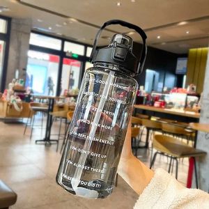 Tumblers 2L Large Capacity Plastic Straw Water Cup Portable Bottle With Time Marker For Outdoor Sports Fitness H240506