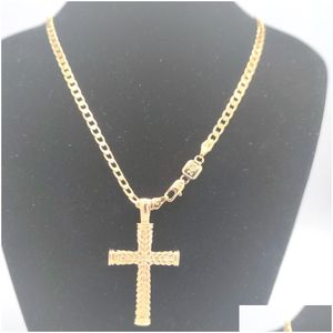 Pendant Necklaces Cross 24 K Solid Gold Gf Charms Lines Necklace Curb Chain Christian Jewelry Factory Wholesalecrucifix God Drop Deli Otjcy