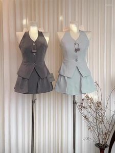 Arbetsklänningar sommarkvinnor vintage design gamla pengar födelsedag gyaru kläder 2 bit set balett kärna rygglös bågväst söt mini a-line kjol