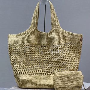 Designer shoppingväska gjorde strand raffia kvinnor handväska stor kapacitet på axel sommar strand helg semester rese väskor metall brev