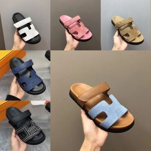 Slippers 2024 NEW Couples highend matte leather outdoor sandals and slippers luxurious designer opentoe hook&loop beach shoes mens and wo