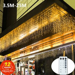 3525M LED Icicle String Lights Christmas Curtain Fairy Garland Remote Outdoor For Year Wedding Street Holiday Decor 240506