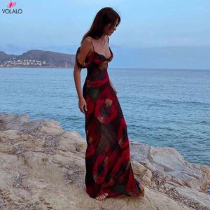 Casual Dresses Volalo Boho Print Cold Shoulder Vacation Beach Dress Women Summerkläder Sexig Se genom Spaghetti Strap Club Party