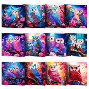 Stitch 12pcs DIY Diamond Painting Greeting Cards Owl Partial Drill Mosaic Thanks Birthday Postcards with Envelope Greet Cards Festival