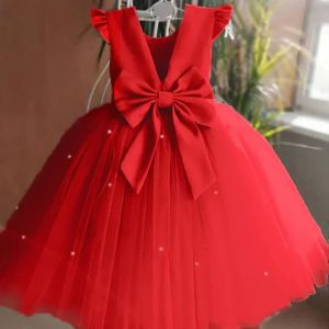 Kleider Kinder Mädchen Weihnachtsfeier Kleid Prinzessin Perlen Mesh Kleid für kleine Mädchen rotes Neujahrskleider für Mädchen Blumenmädchen Kleidung