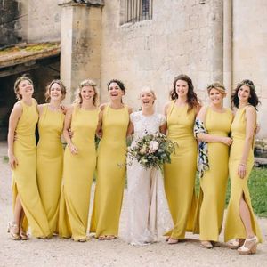 Cheap Bridesmaid 2021 Dresses Yellow Chiffon Side Slit Ankle Length Sleeveless Scoop Neck Ruched Pleats Custom Made Maid Of Honor Gown