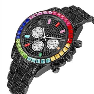 Pintime 고급 화려한 다채로운 크리스탈 다이아몬드 석영 날짜 남성 주 시계 장식 3 세하기 시계 공장 직접 손목 257p