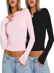 Women's T-Shirt Pink long sleeved T-shirt for womens 2024 summer cute white crop top womens shoulder strap sexy slim fit O-neck basic T-shirt Y2k topL2405