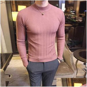 Men'S Sweaters Mens Autumn Winter High Collar Striped Sweater Fashion Boutique Solid Color Casual Knit Plover Tight Sweatermens Drop Dhzlq
