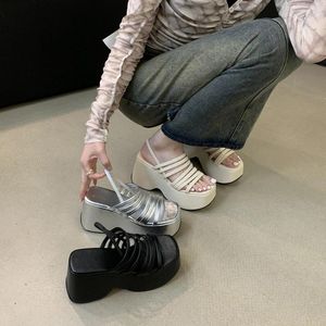 Sandals Silver Wedge-shaped For Women's Platform Shoes With Black Straps High Heels Thick Summer