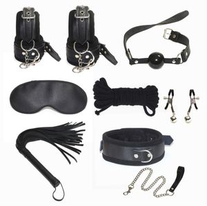 Black Leather Bondage Set Kit with sex Wrist Cuffs Mouth Gag Fetish Slave Restraint Whip Blindfold Rope Neck Collar6536745