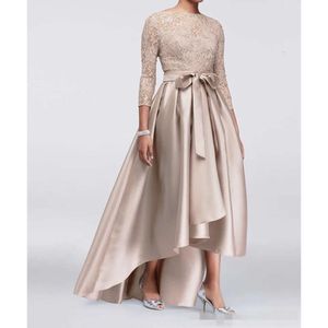 Größe Abend 2020 Champagner plus Kleider hoher niedriger Batteau Ausschnitt 3/4 Langarmpailletten Pailletten Spitze Elastizität Satin Sash Prom Ball Kleid