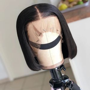 Spetsfront kort Bob Straight Natural Black Human Hair Wigs For Black Women Pre Plucked Stängning Brasilianskt hår 240430