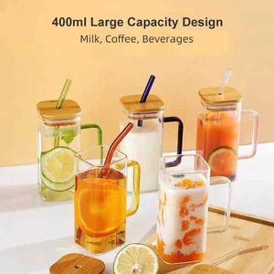 Tumblers 400ml Square Glass Mug With Lid and Straw Breakfast Milk Cup Microwave Safe Transparent Party Beer Coffee Drinkware H240506