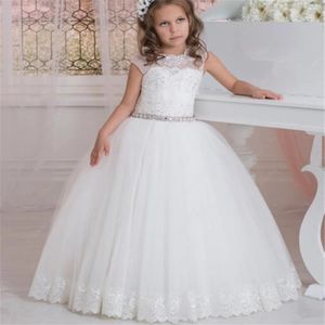 Vintage White Flower Girl Dresses for Wedding Oneck Tulle Beaded Belt Girls Pageant Gown Kids First Holy Communion Party Dresse 240428