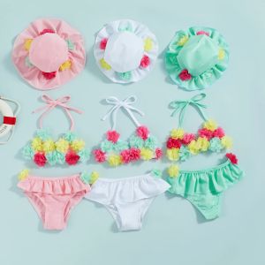 Swimwear Infant Girls 3 Piece Swimsuits Flower Decor TieUp Halter Neck Tank Tops Ruffles Shorts Sun Hat Bikini Split Swimwear Set 024M