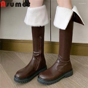 Boots Asumer 2024 Round Toe Microfiber فوق منصة للسيدات في الركبة الدافئة في الشتاء المربع ميد الكعب السوستة