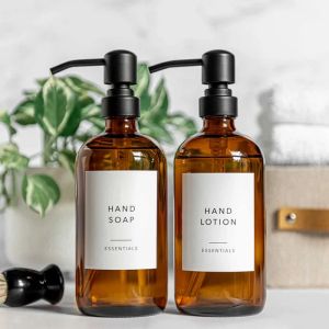 Flaschen 2pcs 500 ml Handschale Flüssige Seifenspender Bernsteinglas Shampoo Flasche Schwarz Edelstahllotion Pumpe für Küchenbad