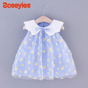 Dresses Summer girls' small daisy printing mesh doll collar sleeveless sweet dress