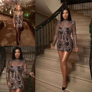 Club Black Dresses High-Neck Wear Evening Short Gold Appliqued Formal Party Gown Sexy Illusion Custom Made Red Carpet Dress