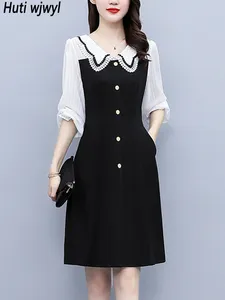 Casual Dresses 2024 Black Patchowrk White Long Sleeve Midi Dress Women Fashion Chic Doll Collar Autumn Winter Korean Vintage