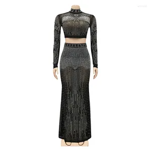 Work Dresses Crystal Mesh Skirt Sets Fashion Clothing For Women Long Sleeve Women's Stylish Skirts Woman 2024 Two-piece Dress Suit