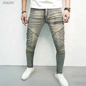 Mäns jeans 2024 Nya sommar denim byxor för mens mångsidiga elastiska lapptäcke jeans fashionabla och stiliga dragkedjiga dekorativa avslappnade byxor wx
