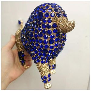 Drawstring Women Blue Crystal Dog Animal Evening Bags Cute Cockatil Prom Clutch Birthday Gift Purses Diamond Wedding Bridal Party Handbag