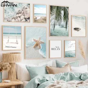 Papéis de parede Beach Ocean Canvas Art Poster Bridge folhas impressão gaivota Imagens de verão vívidas Nordic Home decoration J240505