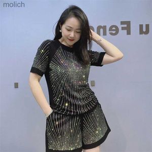 Women's Shorts Summer glitter shorts set with 2 pieces of womens casual O-neck zippered short sleeved top WX
