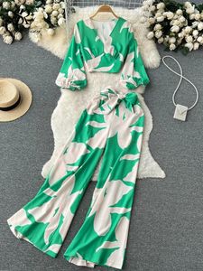 Women's Two Piece Pants SINGREINY Fashion Autumn Print Sets Female Puff Sleeve Short V Neck Top Wide Leg Long Streetwear Women Pieces Suits