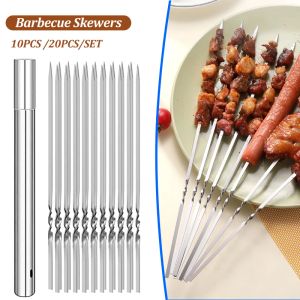 Accessoires 10/20pcs Edelstahl -Grillspieß wiederverwendbares flaches BBQ -Nadelstab -Grillwerkzeug für Campingfeier im Freien