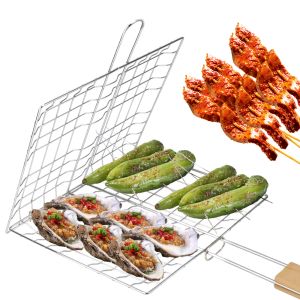 Grillar Grill Mesh Barbecue Grilling Meat Fish Clip Holder Rostfritt stål Foldbar BBQ GRILL MAT Återanvändbar Grillkorg Trähandtag