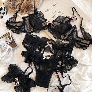 Lace sexy ultra-thin transparent Bras soft steel ring hollow sweet language set three Bra sets pure desire temptation 240430