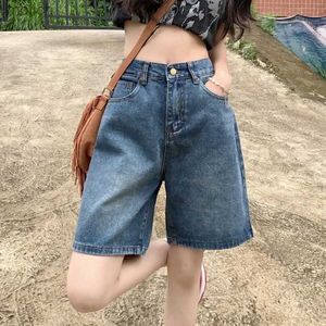 Women's Shorts Summer retro blue straight wide leg denim shorts Korean fashion simple casual knee length jeans Y2k loose shorts womens clothing WX