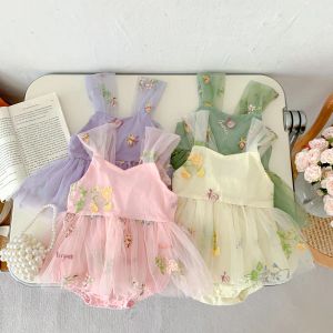 Vestidos com 02 anos de idade garotas de gaze de gaze padrões de flores bordadas para bebês macacão de bebê roupas de verão roupas infantis