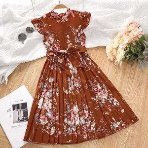 衣類は女の子のための子供用ドレスをセット5〜12年汎用性のあるファッションスタイルの花のプリントフライスリーブプリーツドレス2405