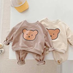 Kläderuppsättningar 2024 Spring Baby Girl Clothes Set Infant Kids Cartoon Bear Print Tops and Pants Suit Toddler Boys Sweatshirt and Trousers 2PCSL2405